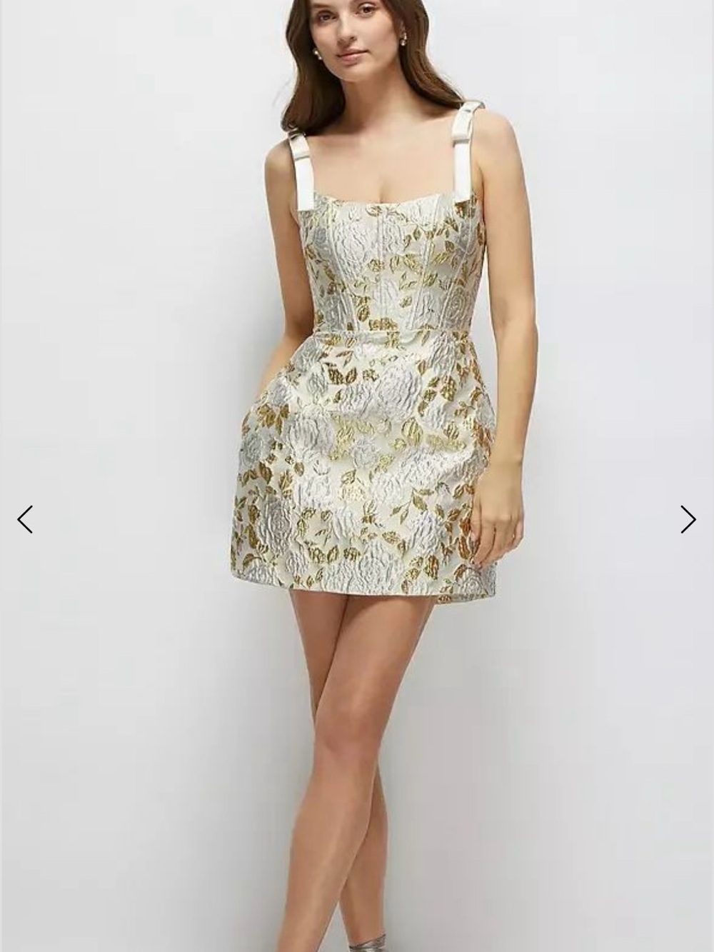 Dessy Gold Floral Brocade Mini Dress with Ribbon Straps- NWT